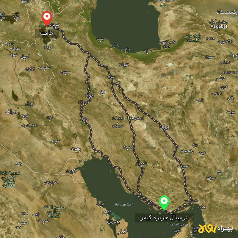 مسافت و فاصله خامنه - آذربایجان شرقی تا ترمینال جزیره کیش - هرمزگان از ۳ مسیر - آذر ۱۴۰۳