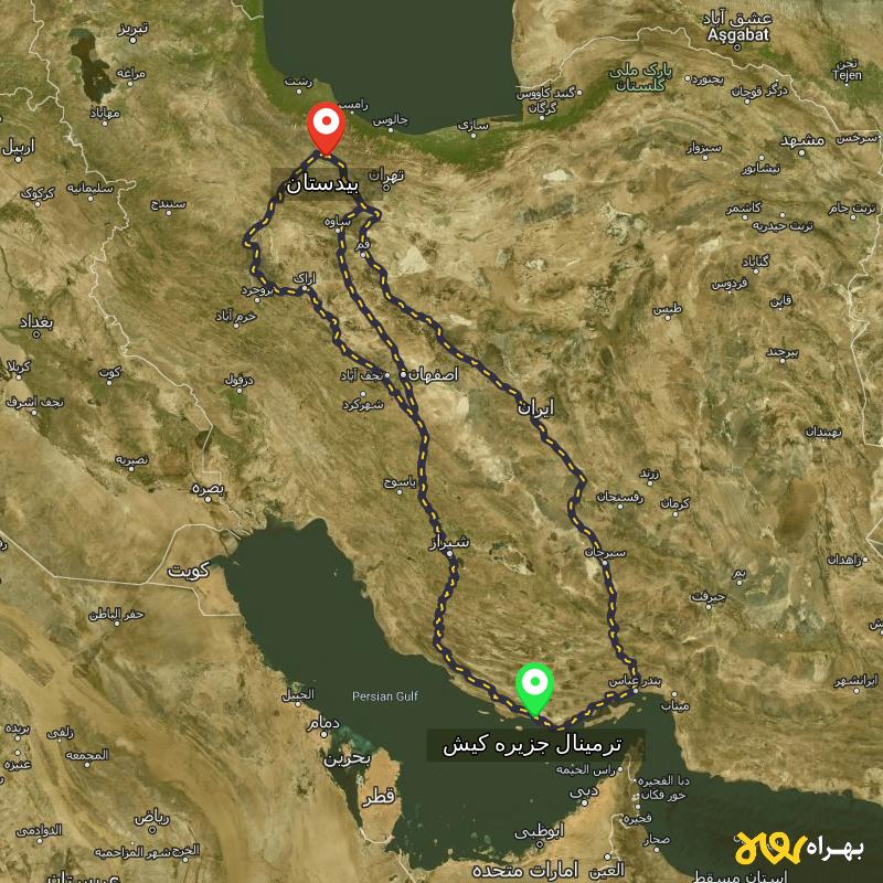 مسافت و فاصله بیدستان - قزوین تا ترمینال جزیره کیش - هرمزگان از ۳ مسیر - مرداد ۱۴۰۳