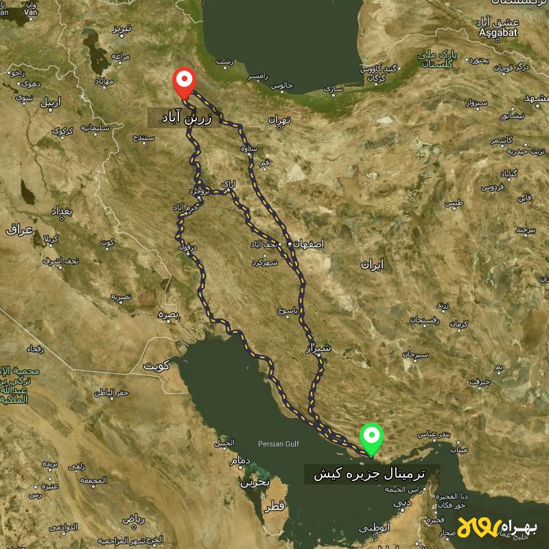 مسافت و فاصله زرین آباد - زنجان تا ترمینال جزیره کیش - هرمزگان از ۳ مسیر - آذر ۱۴۰۳