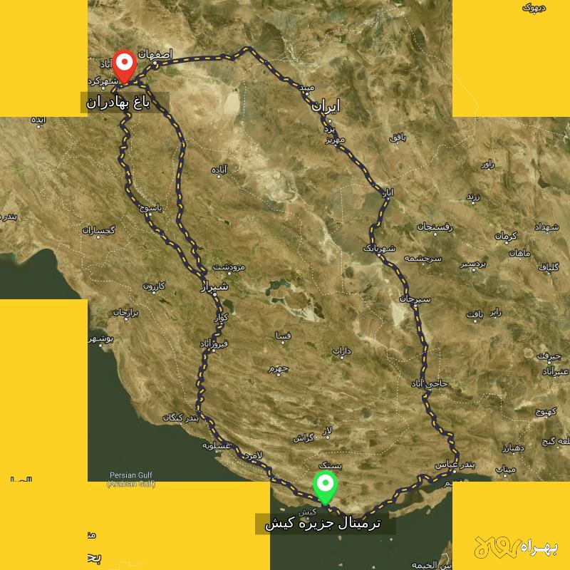 مسافت و فاصله باغ بهادران - اصفهان تا ترمینال جزیره کیش - هرمزگان از ۳ مسیر - آذر ۱۴۰۳