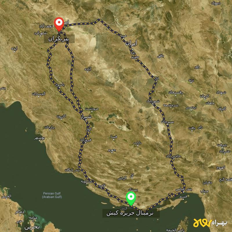 مسافت و فاصله پیربکران - اصفهان تا ترمینال جزیره کیش - هرمزگان از ۳ مسیر - آذر ۱۴۰۳