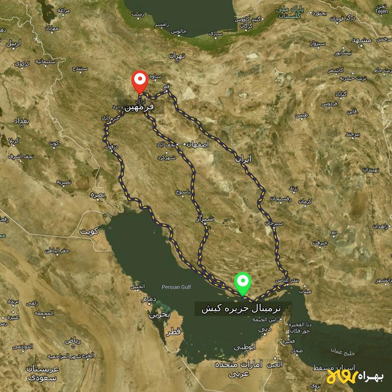 مسافت و فاصله فرمهین - مرکزی تا ترمینال جزیره کیش - هرمزگان از ۳ مسیر - آذر ۱۴۰۳