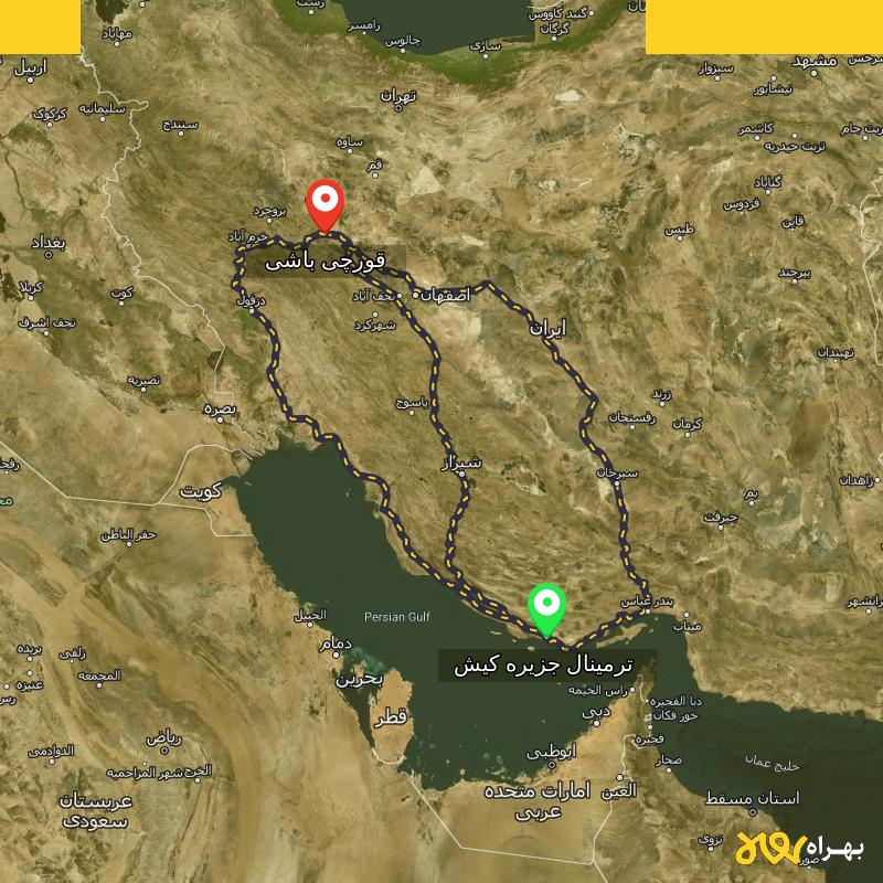 مسافت و فاصله قورچی باشی - مرکزی تا ترمینال جزیره کیش - هرمزگان از ۳ مسیر - بهمن ۱۴۰۳
