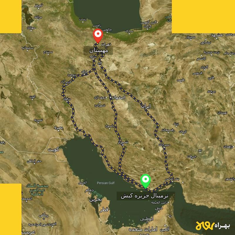 مسافت و فاصله مهستان تا ترمینال جزیره کیش - هرمزگان از ۳ مسیر - آذر ۱۴۰۳