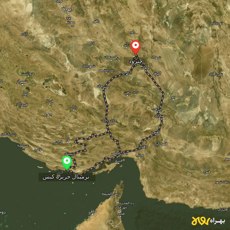 مسافت و فاصله چترود - کرمان تا ترمینال جزیره کیش - هرمزگان از ۳ مسیر - مرداد ۱۴۰۳