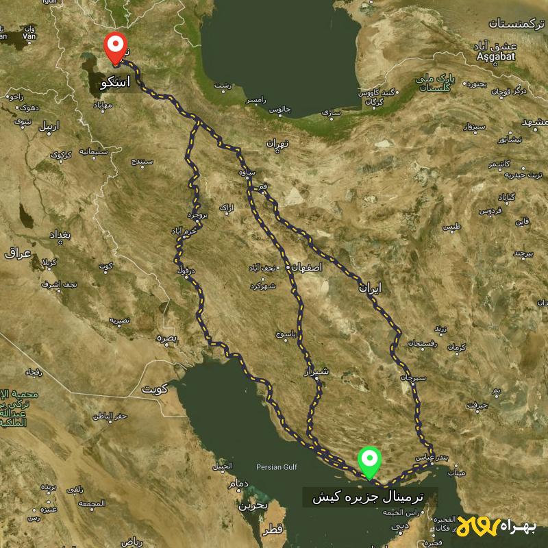 مسافت و فاصله اسکو - آذربایجان شرقی تا ترمینال جزیره کیش - هرمزگان از ۳ مسیر - آذر ۱۴۰۳