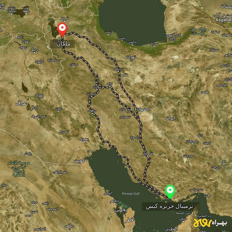 مسافت و فاصله ملکان - آذربایجان شرقی تا ترمینال جزیره کیش - هرمزگان از ۳ مسیر - آذر ۱۴۰۳