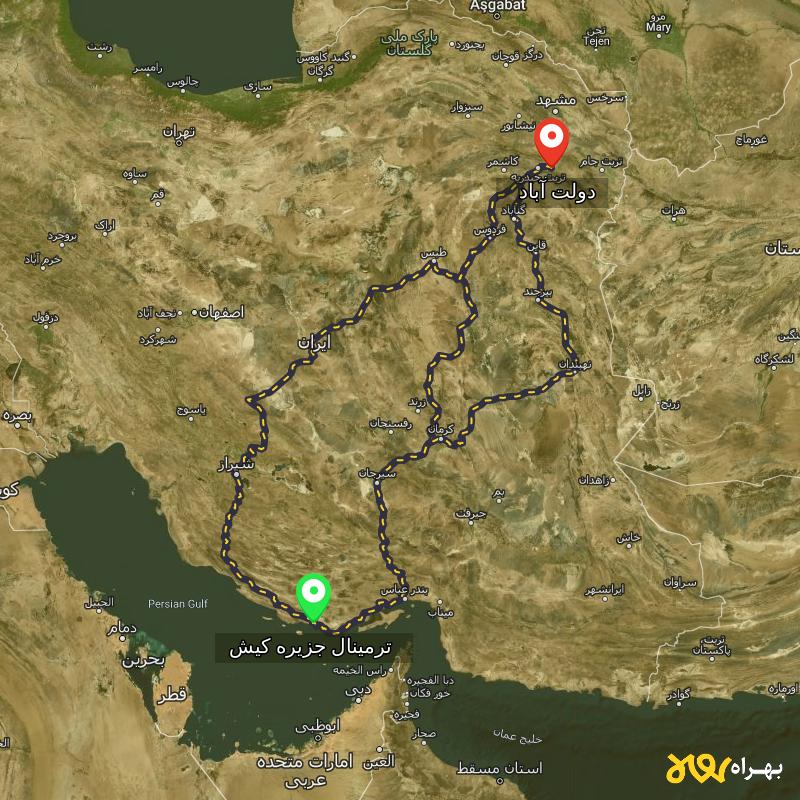 مسافت و فاصله دولت آباد - خراسان رضوی تا ترمینال جزیره کیش - هرمزگان از ۳ مسیر - شهریور ۱۴۰۳