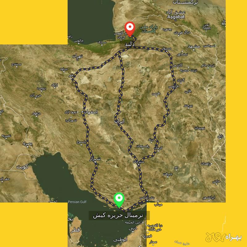 مسافت و فاصله دلند - گلستان تا ترمینال جزیره کیش - هرمزگان از ۳ مسیر - بهمن ۱۴۰۳