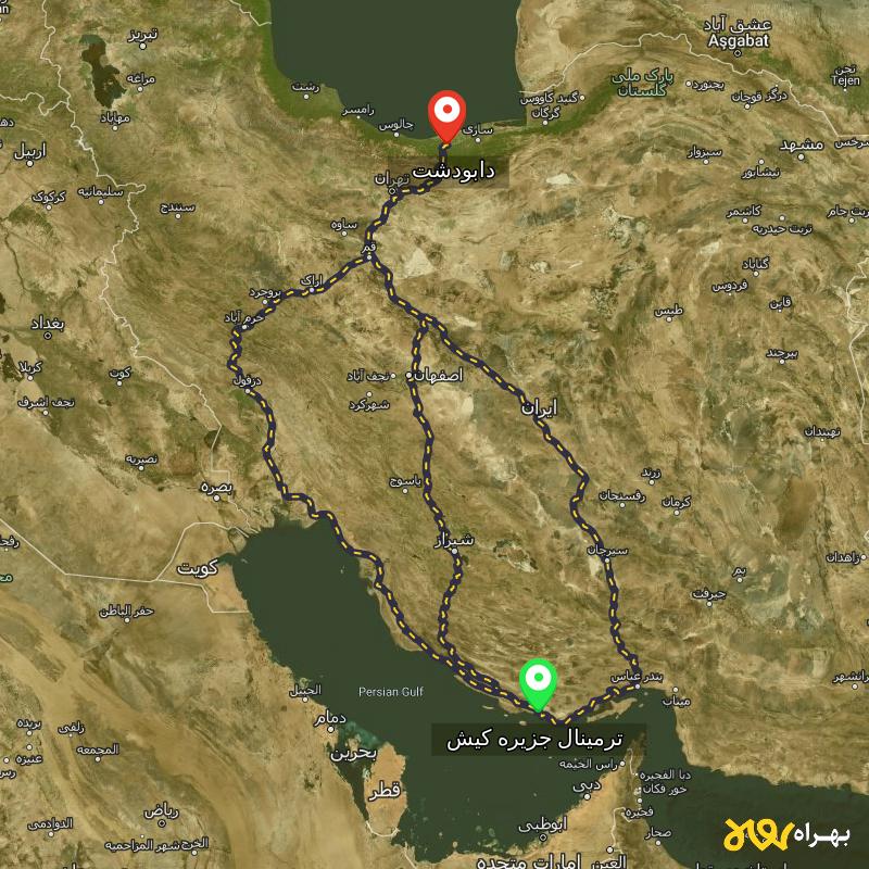 مسافت و فاصله دابودشت - مازندران تا ترمینال جزیره کیش - هرمزگان از ۳ مسیر - شهریور ۱۴۰۳