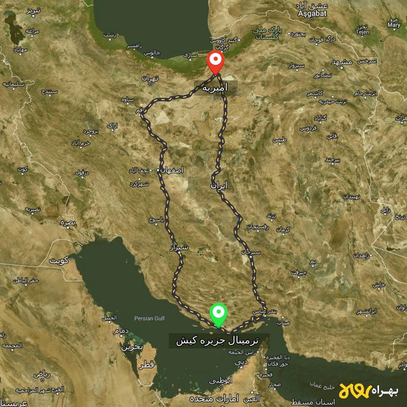 مسافت و فاصله امیریه - سمنان تا ترمینال جزیره کیش - هرمزگان از ۲ مسیر - مرداد ۱۴۰۳