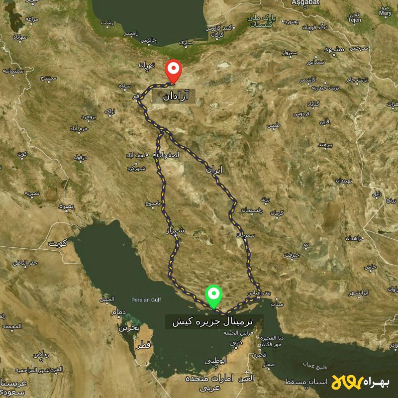مسافت و فاصله آرادان - سمنان تا ترمینال جزیره کیش - هرمزگان از ۲ مسیر - دی ۱۴۰۳