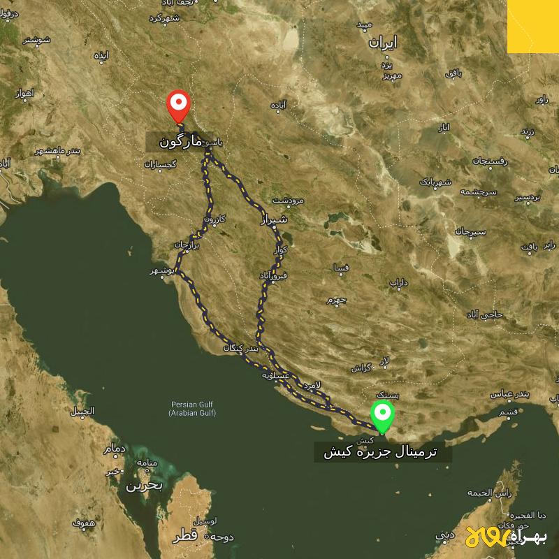 مسافت و فاصله مارگون - کهگیلویه و بویر احمد تا ترمینال جزیره کیش - هرمزگان از ۲ مسیر - آذر ۱۴۰۳