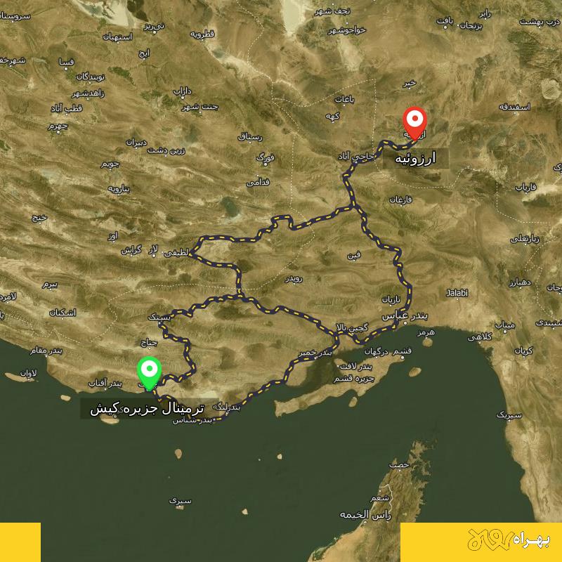 مسافت و فاصله ارزوئیه - کرمان تا ترمینال جزیره کیش - هرمزگان از ۳ مسیر - شهریور ۱۴۰۳