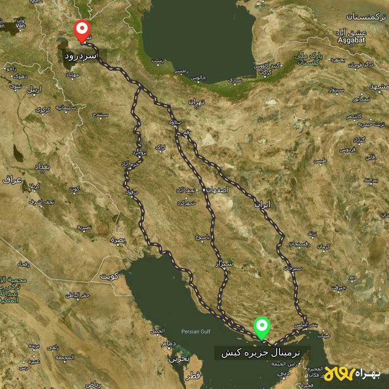 مسافت و فاصله سردرود - آذربایجان شرقی تا ترمینال جزیره کیش - هرمزگان از ۳ مسیر - مرداد ۱۴۰۳