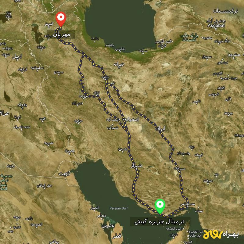 مسافت و فاصله مهربان - آذربایجان شرقی تا ترمینال جزیره کیش - هرمزگان از ۳ مسیر - مهر ۱۴۰۳