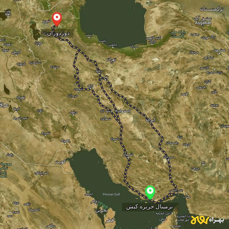 مسافت و فاصله دوزدوزان - آذربایجان شرقی تا ترمینال جزیره کیش - هرمزگان از ۳ مسیر - مهر ۱۴۰۳