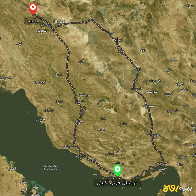 مسافت و فاصله دامنه - اصفهان تا ترمینال جزیره کیش - هرمزگان از ۲ مسیر - بهمن ۱۴۰۳