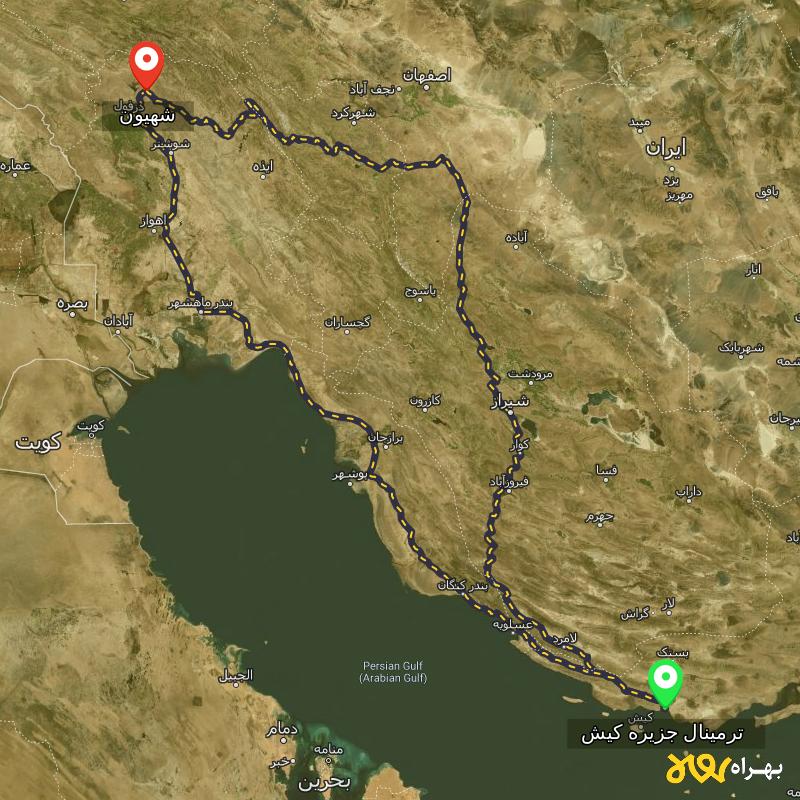 مسافت و فاصله شهیون - خوزستان تا ترمینال جزیره کیش - هرمزگان از ۲ مسیر - شهریور ۱۴۰۳