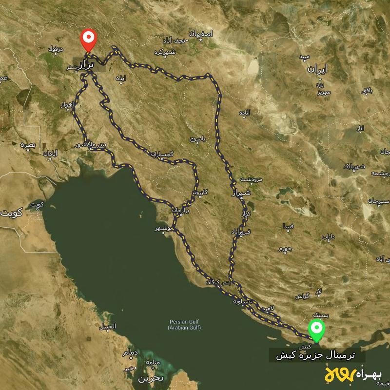 مسافت و فاصله تراز - خوزستان تا ترمینال جزیره کیش - هرمزگان از ۳ مسیر - بهمن ۱۴۰۳