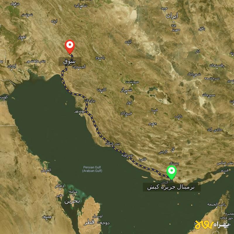 مسافت و فاصله سوق - کهگیلویه و بویر احمد تا ترمینال جزیره کیش - هرمزگان - آبان ۱۴۰۳