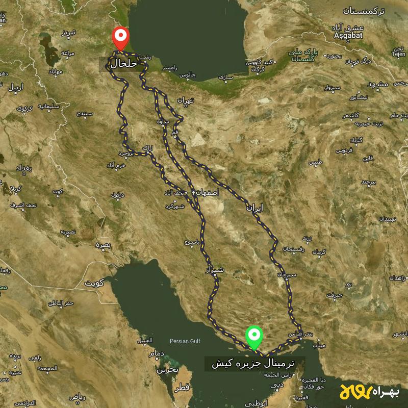 مسافت و فاصله خلخال - اردبیل تا ترمینال جزیره کیش - هرمزگان از ۳ مسیر - آبان ۱۴۰۳