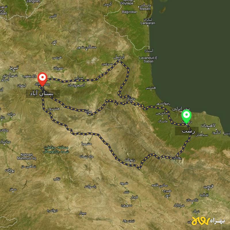 مسافت و فاصله بستان آباد - آذربایجان شرقی تا رشت از 3 مسیر - مسیریاب بهراه