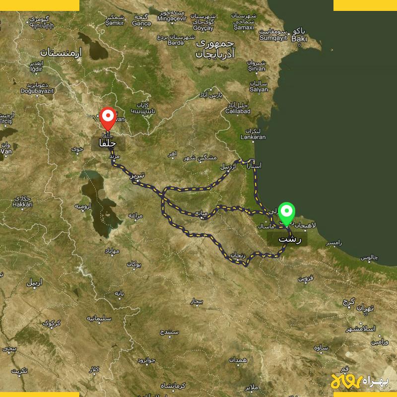 مسافت و فاصله جلفا - آذربایجان شرقی تا رشت از ۳ مسیر - مرداد ۱۴۰۳