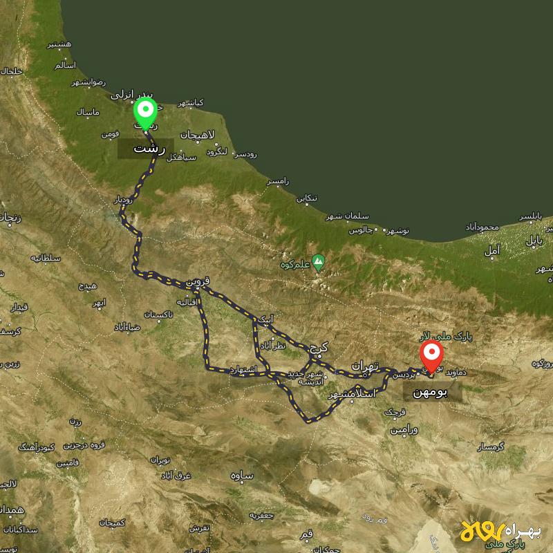 مسافت و فاصله بومهن - تهران تا رشت از ۳ مسیر - آذر ۱۴۰۳