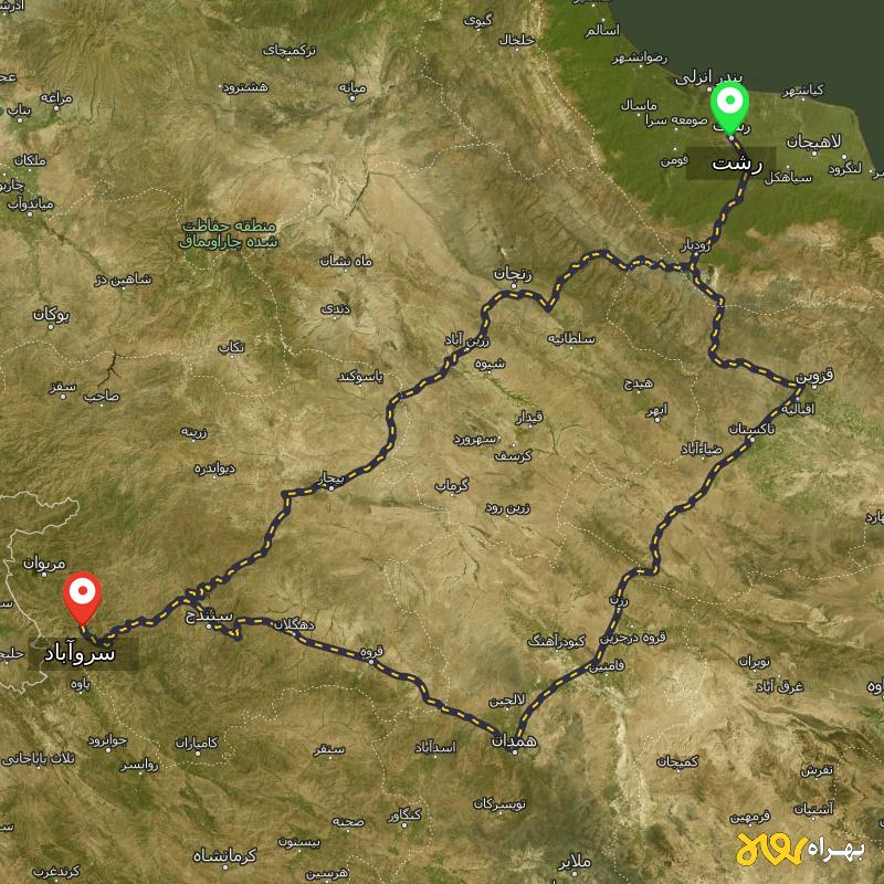 مسافت و فاصله سروآباد - کردستان تا رشت از ۲ مسیر - بهمن ۱۴۰۳