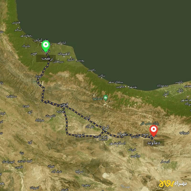 مسافت و فاصله دماوند - تهران تا رشت از ۲ مسیر - آذر ۱۴۰۳