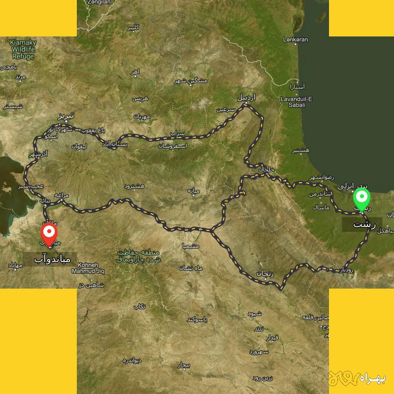 مسافت و فاصله میاندوآب - آذربایجان غربی تا رشت از 3 مسیر - مسیریاب بهراه
