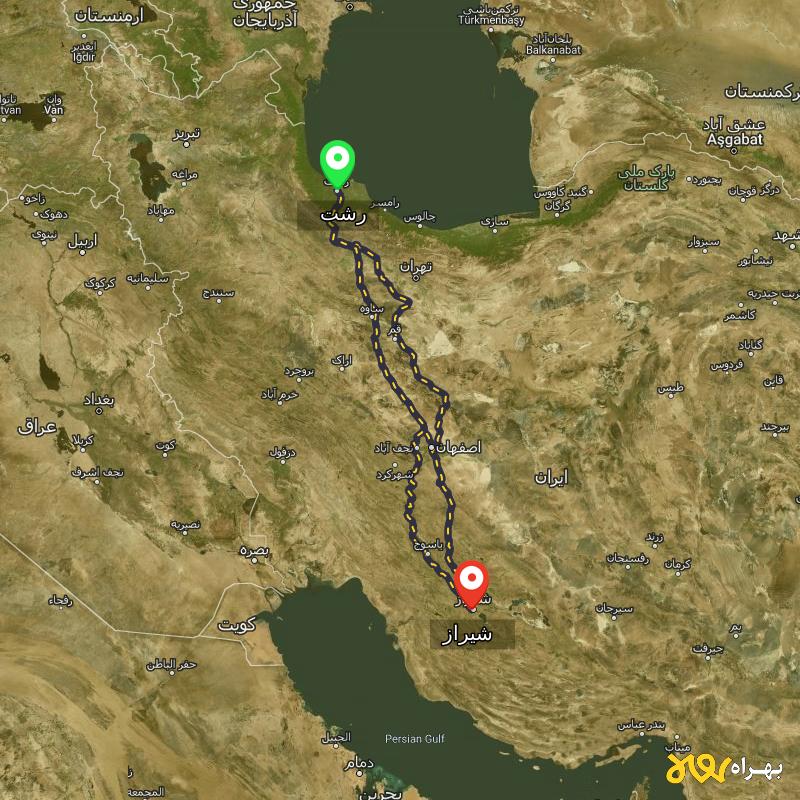 مسافت و فاصله شیراز تا رشت از 3 مسیر - مسیریاب بهراه