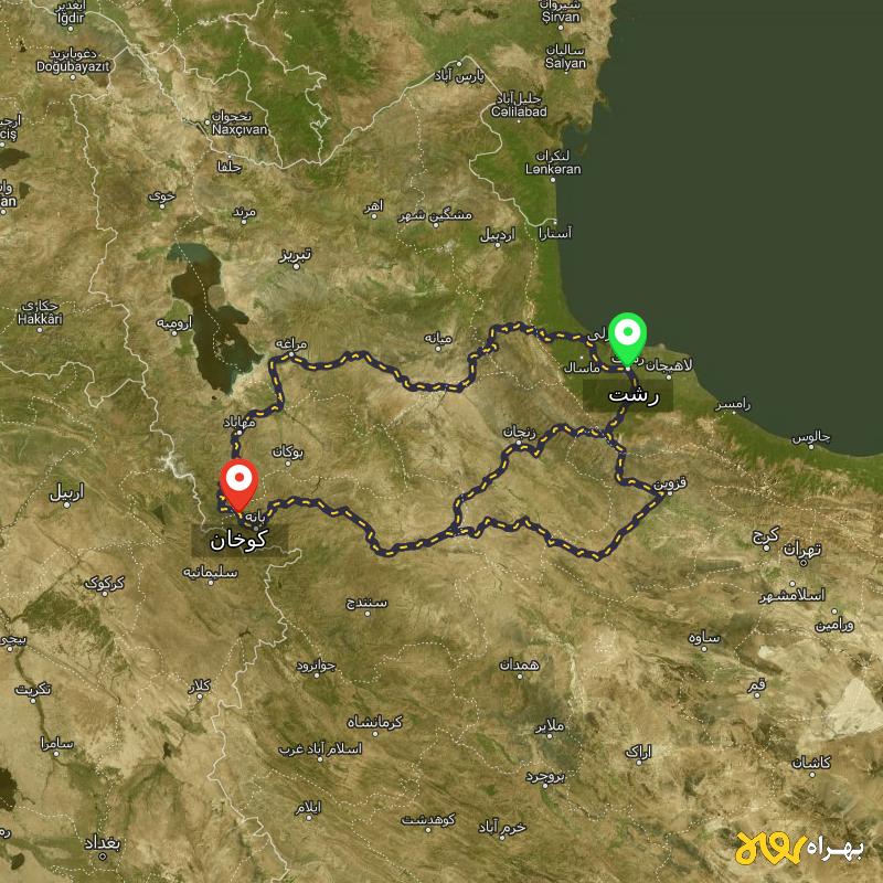 مسافت و فاصله کوخان - کردستان تا رشت از ۳ مسیر - مرداد ۱۴۰۳