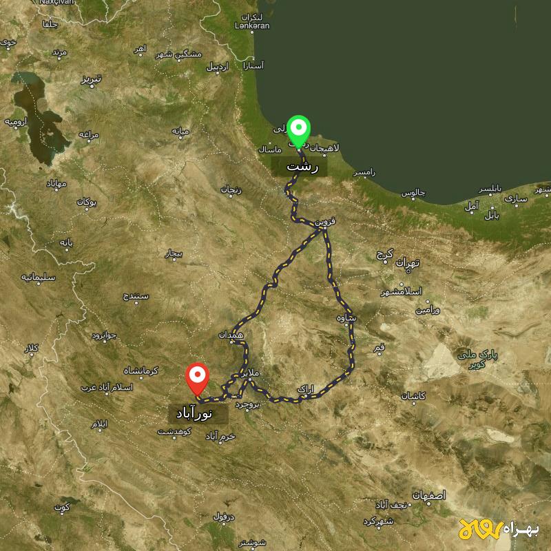 مسافت و فاصله نورآباد - لرستان تا رشت از ۲ مسیر - آذر ۱۴۰۳