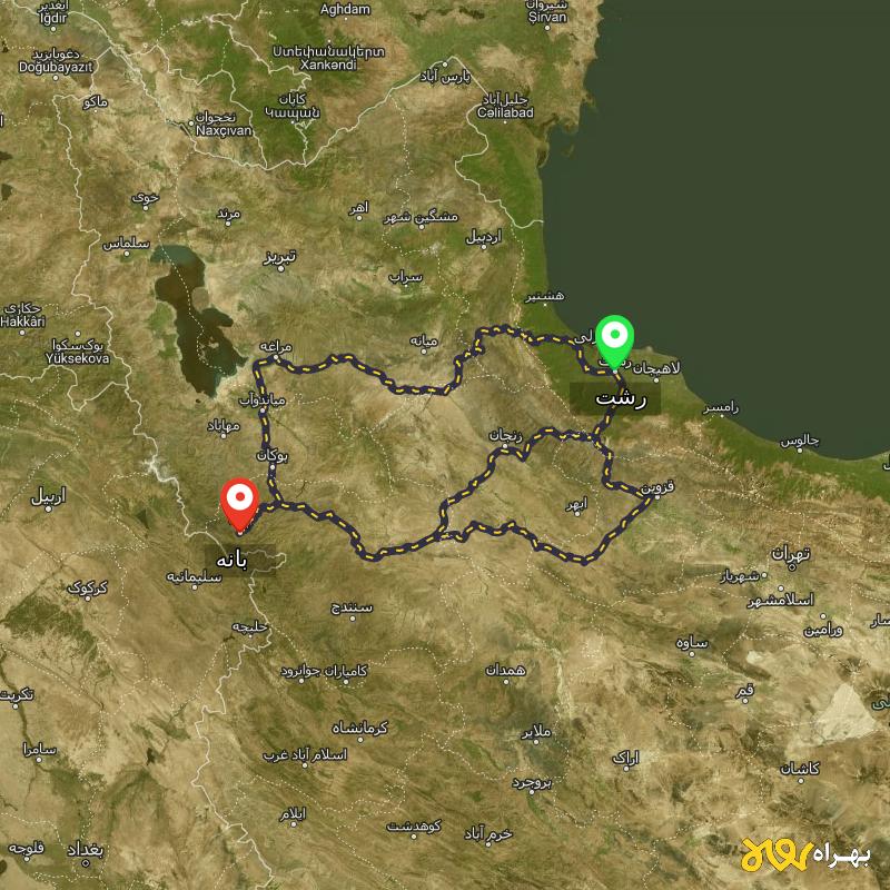 مسافت و فاصله بانه - کردستان تا رشت از 3 مسیر - مسیریاب بهراه