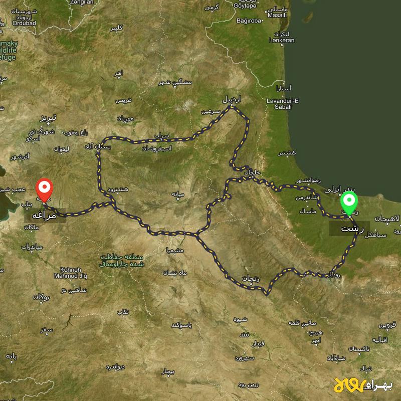 مسافت و فاصله مراغه - آذربایجان شرقی تا رشت از ۳ مسیر - اردیبهشت ۱۴۰۳