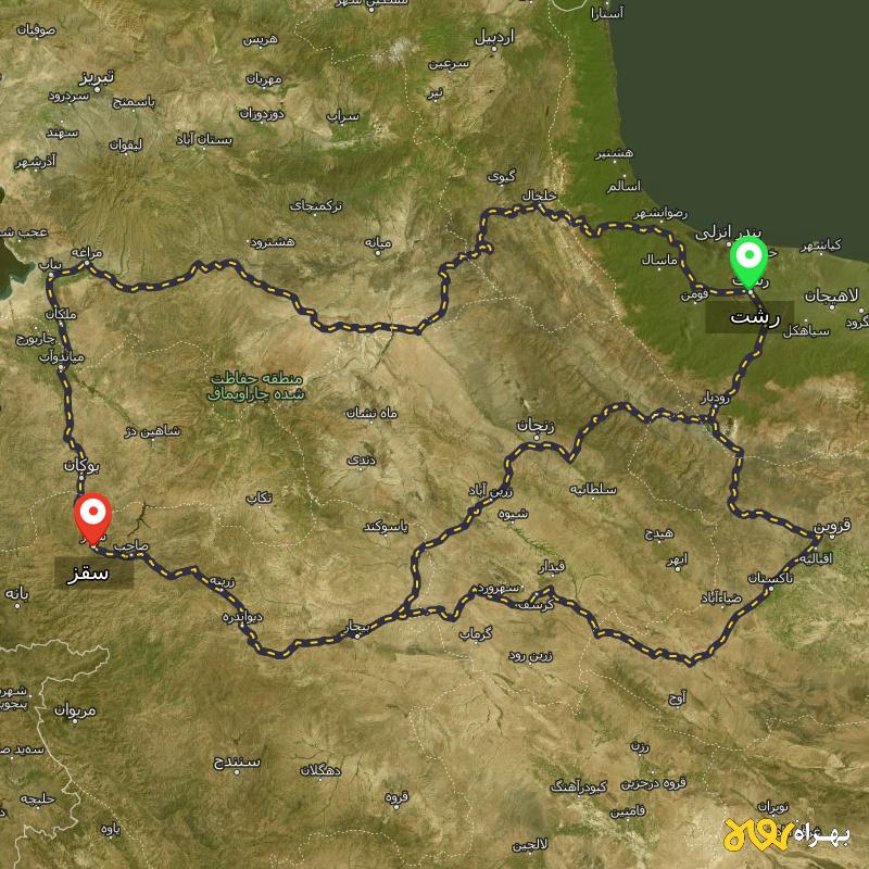 مسافت و فاصله سقز - کردستان تا رشت از ۳ مسیر - مرداد ۱۴۰۳