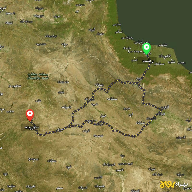 مسافت و فاصله زرینه - کردستان تا رشت از ۲ مسیر - مرداد ۱۴۰۳