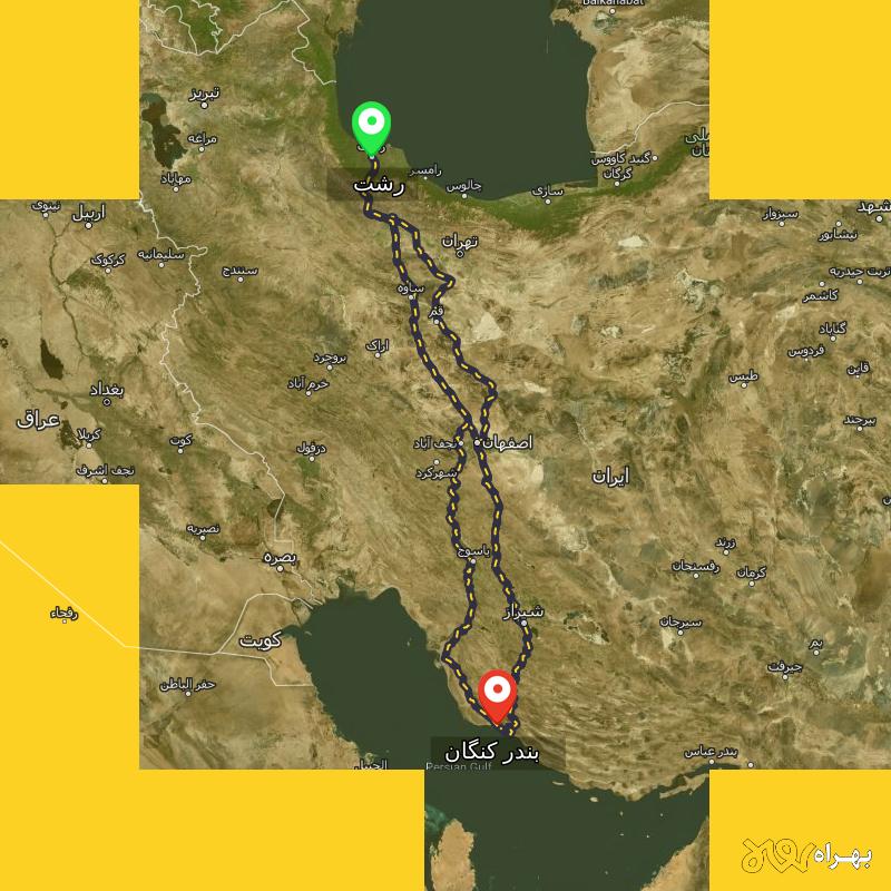 مسافت و فاصله بندر کنگان - بوشهر تا رشت از ۳ مسیر - اردیبهشت ۱۴۰۳