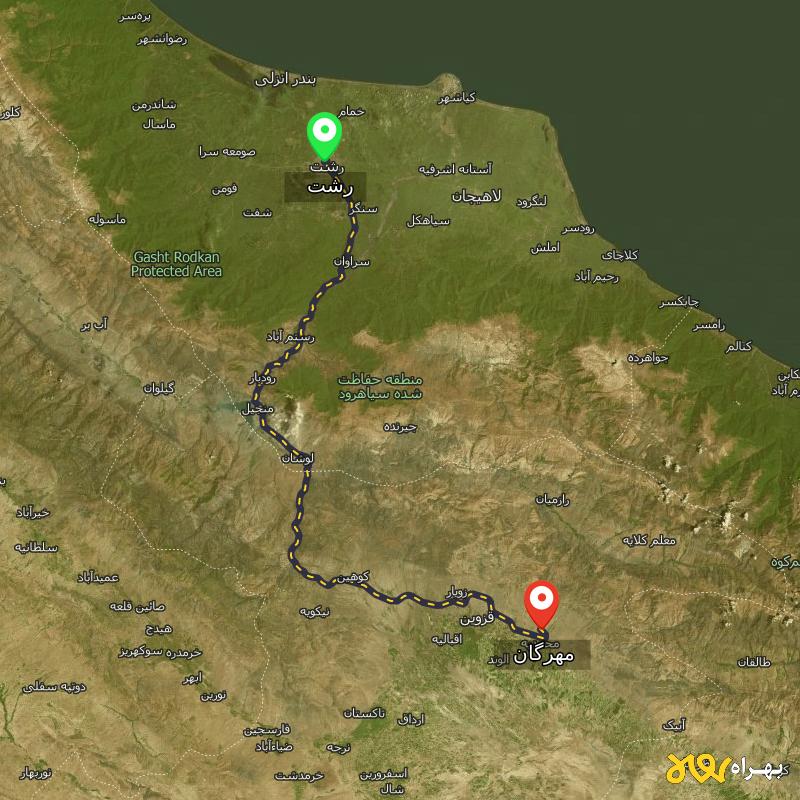 مسافت و فاصله مهرگان - قزوین تا رشت - آذر ۱۴۰۳