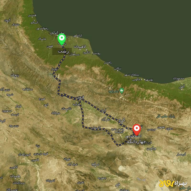مسافت و فاصله چهاردانگه - تهران تا رشت از ۲ مسیر - دی ۱۴۰۳