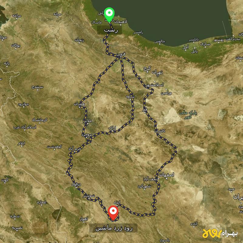 مسافت و فاصله رود زرد ماشین - خوزستان تا رشت از ۳ مسیر - مرداد ۱۴۰۳