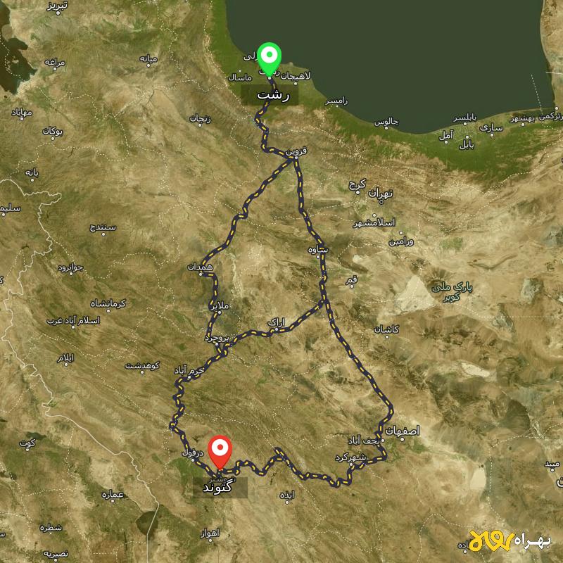 مسافت و فاصله گتوند - خوزستان تا رشت از ۳ مسیر - آذر ۱۴۰۳