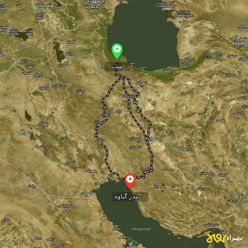 مسافت و فاصله بندر گناوه - بوشهر تا رشت از 3 مسیر - مسیریاب بهراه