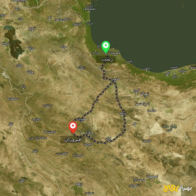 مسافت و فاصله فیروزان - همدان تا رشت از ۲ مسیر - آبان ۱۴۰۳