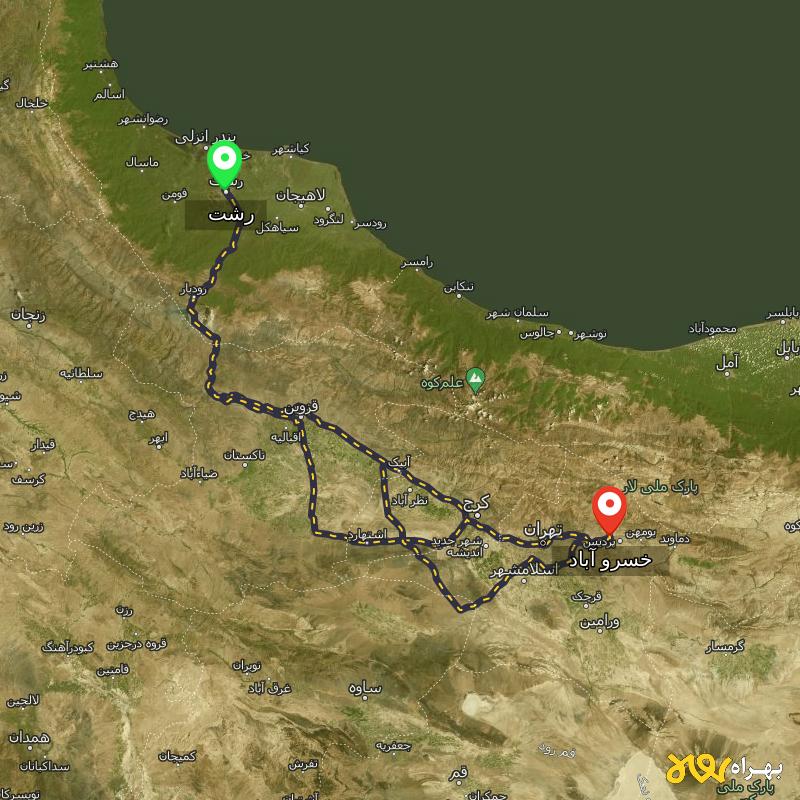 مسافت و فاصله خسرو آباد - تهران تا رشت از ۳ مسیر - مرداد ۱۴۰۳