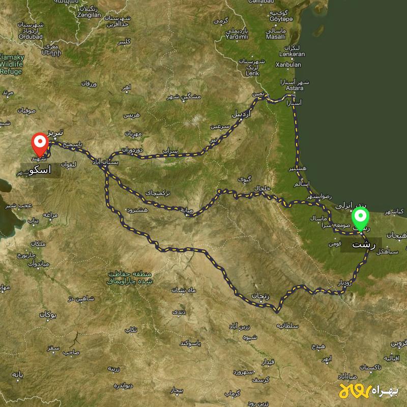 مسافت و فاصله اسکو - آذربایجان شرقی تا رشت از ۳ مسیر - آذر ۱۴۰۳