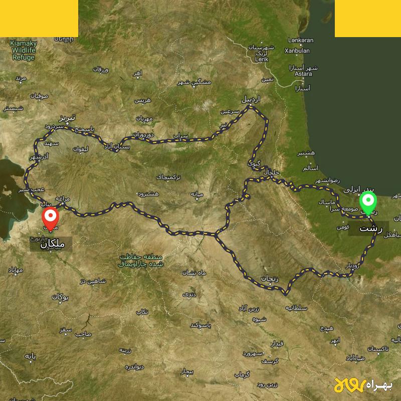 مسافت و فاصله ملکان - آذربایجان شرقی تا رشت از ۳ مسیر - مرداد ۱۴۰۳