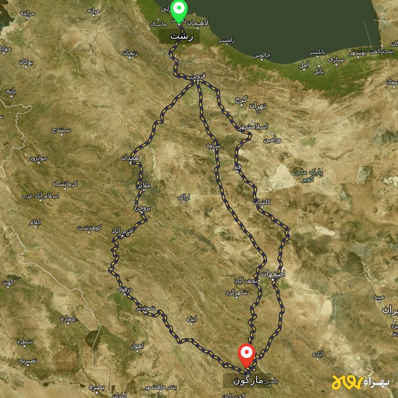 مسافت و فاصله مارگون - کهگیلویه و بویر احمد تا رشت از ۳ مسیر - آذر ۱۴۰۳